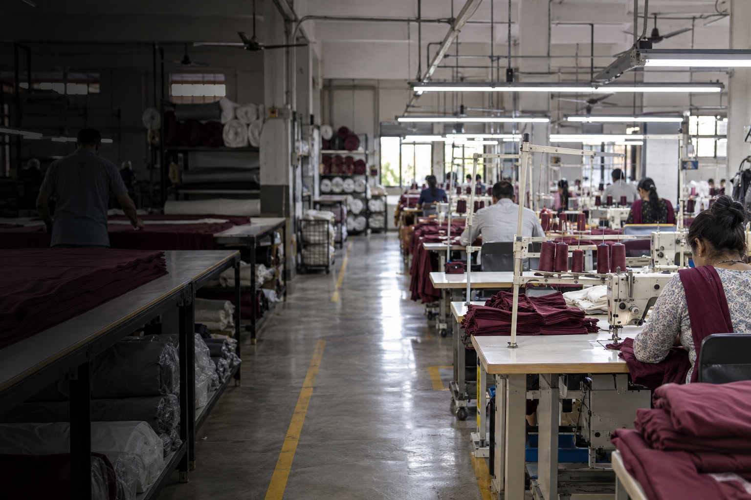 Garment manufacturing floor with industrial sewing stations and cutting tables